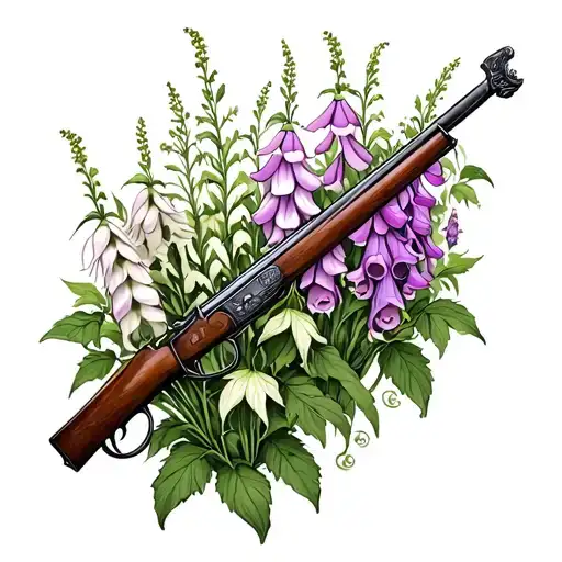 musket with foxgloves growing around it luminous points tattoo design idea
