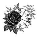 rest in peace grandma with black roses and roman numeral clock tattoo design idea