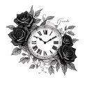 rest in peace grandma with black roses and roman numeral clock tattoo design idea
