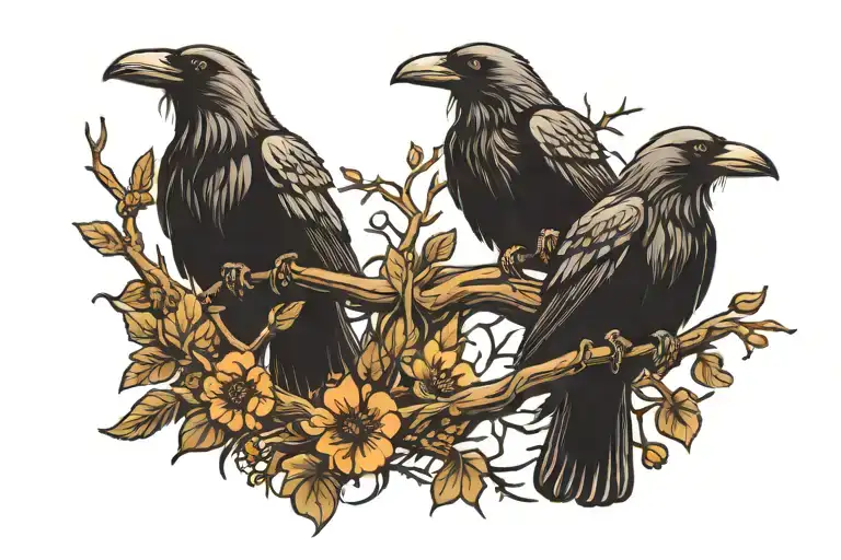 two crows on a branch, 1 of which is attached to the branch with a chain. in a dark style inspired by tattoo design idea