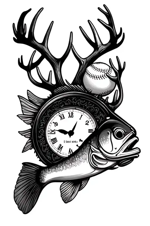 clock stopped at 9:28 inside bass tail with a full bass, deer antlers with a baseball sitting in them with shotgun shell tattoo design idea