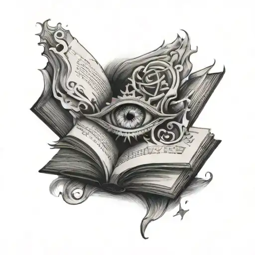 open book facing up with upside down cross on the left side and a eye on the right side  tattoo design idea