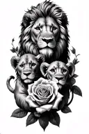 lion gladiator 3 cubs intertwined with roses tattoo design idea