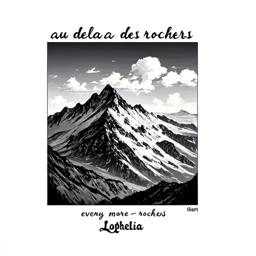 mountain with writing underneath that says au delà des rochers and even more lower write Lophelia tattoo design idea
