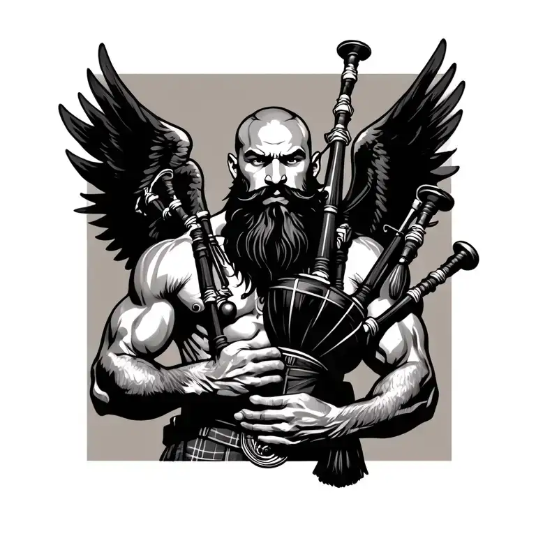 scottish bagpiper bald black beard muscular wearing glengarry pipes in arm big black wings shirtless tattoo tattoo design idea