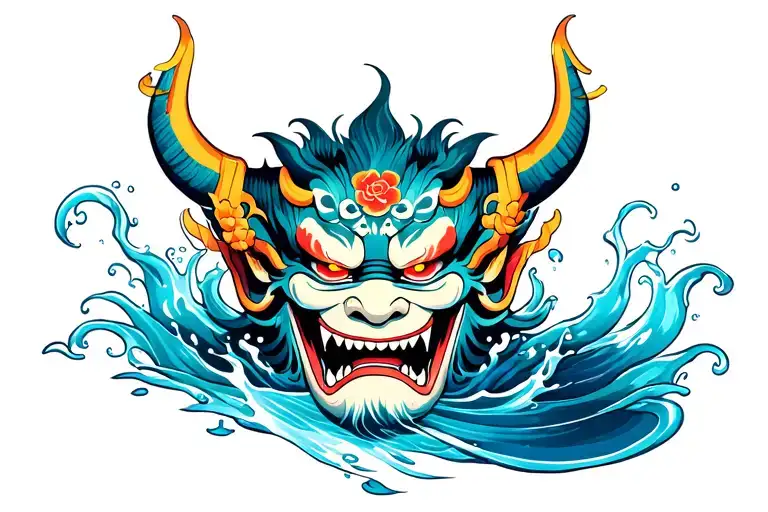 oni mask and water tattoo design idea