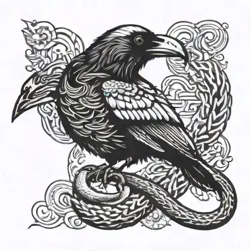 raven eating snake tattoo design idea