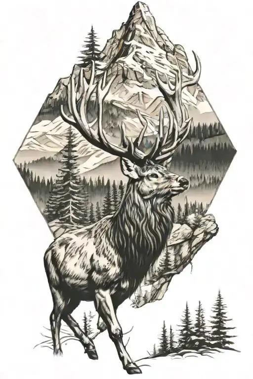 stag in a forest setting with mountains in the background tattoo design idea