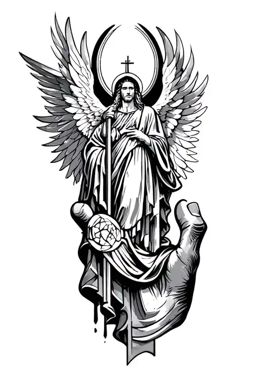 Outer forearm for a man, black and white sleeve style, tribal gothic style on hand then an angel and cathedral window on tattoo design idea