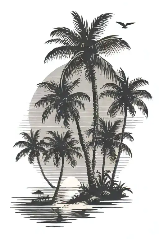 Palm tree on beach in Florida with ocean and sunsent in background, birds flying in distance. 80's Florida aesthetic.  tattoo design idea