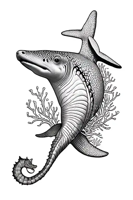 German short haired pointer, manatee, seahorse and other wildlife and coral in a whale shark outline tattoo design idea