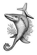 German short haired pointer, manatee, seahorse and other wildlife and coral in a whale shark outline tattoo design idea