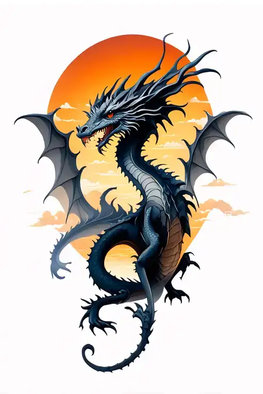 black and gray Dragon with sunset sky tattoo design idea
