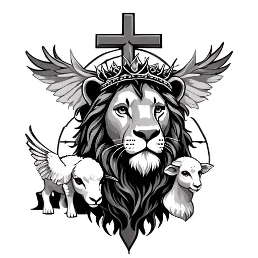 Lion king, lamb, dove, Jesus crowned with thorns, cross tattoo design idea