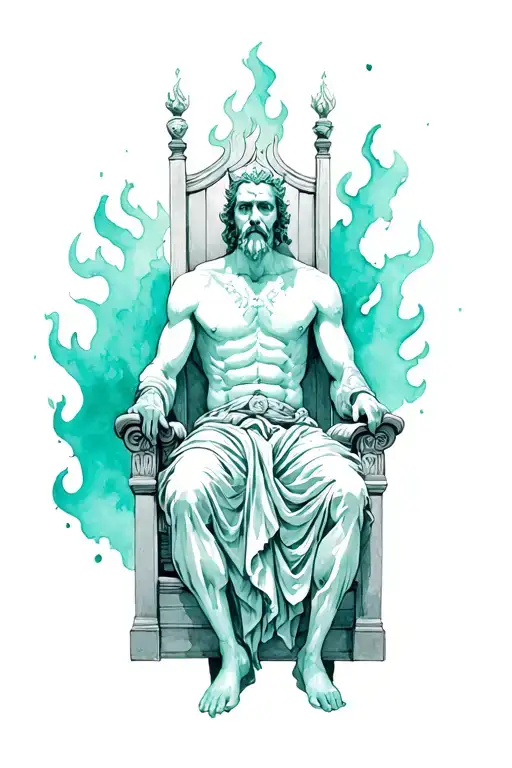 Collarbone the king of the greek underworld hades, sitting on his throne, there are fires around the aquagreen color tattoo design idea