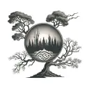 two anglo Saxon arm band with runic forest skyline placed between them tattoo design idea