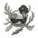 two anglo Saxon arm band with runic forest skyline placed between them tattoo design idea