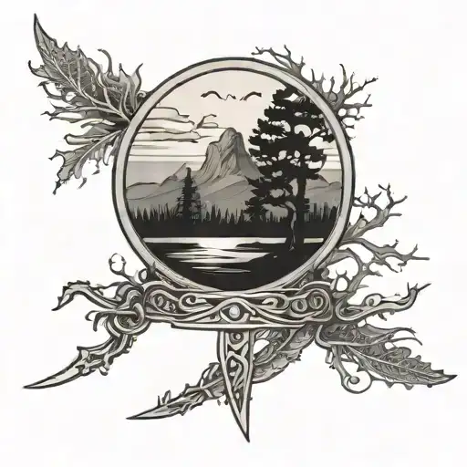 two anglo Saxon arm band with runic forest skyline placed between them tattoo design idea