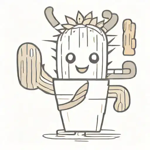 cartoonish seguaro cactus with a halo and a piece of cinnamon raisin toast stuck to one of its arms tattoo design idea
