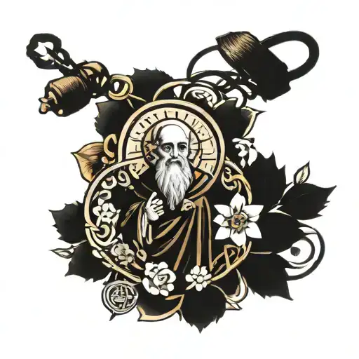 saint benedict medal with an old era style and nature coming out  tattoo design idea