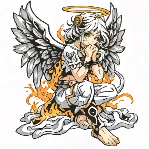 An angel stands on one knee with wings scorched by fire tattoo design idea