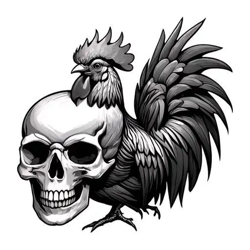 Skull and fighting rooster tattoo design idea