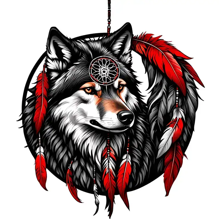 dreamcatcher with red feathers and a wolf tattoo design idea