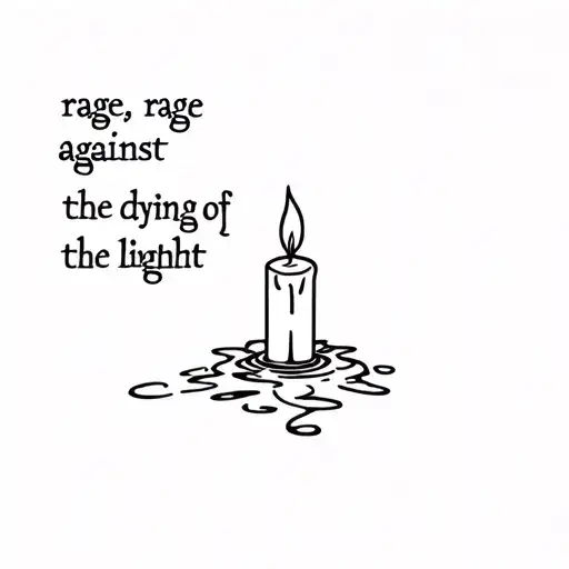 melted candle with a small, soft flame. The quote, "rage, rage against the dying of the light' around it tattoo design idea
