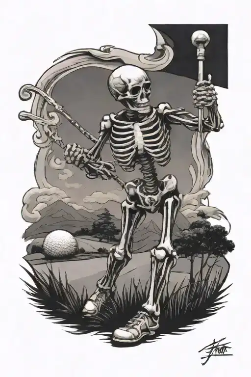 skeleton playing golf tattoo design idea