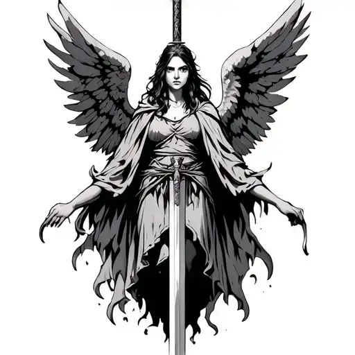 Angel in a female guise, with a ragged mantle and a sword in the back, with venerable eyes tattoo design idea