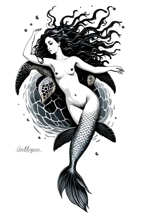 topless mermaid laying on a sea turtle tattoo design idea