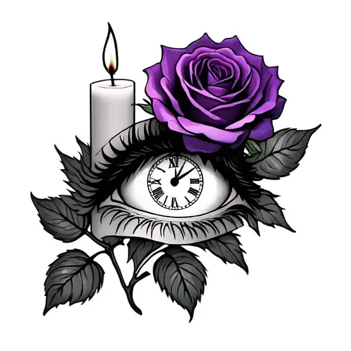 purple rose and candle burning with eye with clock in it tattoo design idea