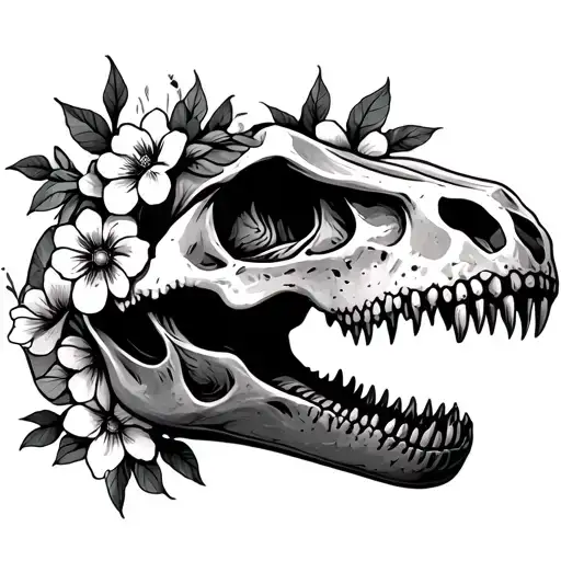 trex skull side view mouth open with flowers tattoo design idea