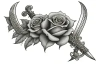 the name singh with two swords in the front and a rose coming out of the g in singh (letters in cursive) tattoo design idea