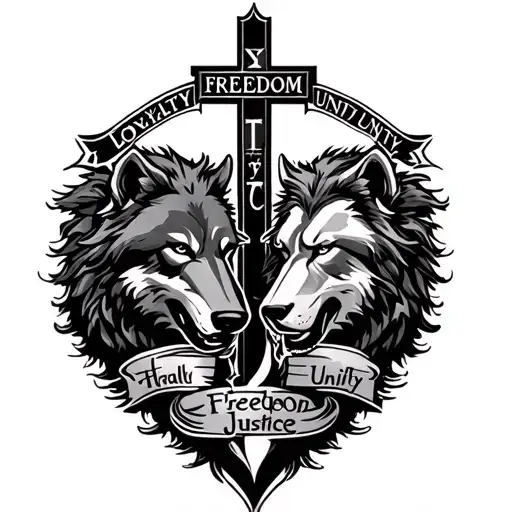 "Loyalty,Freedom,Unity,Justice" "Loyalty,Freedom,Unity,Justice" Half wolf, Half lion, cross surrounded tattoo design idea