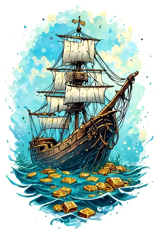 sunken ship on bottom of ocean with treasure strewn about on sea bed tattoo design idea