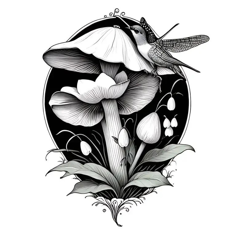 mushroom lilly of the valley lotus hummingbird dragonfly tattoo design idea