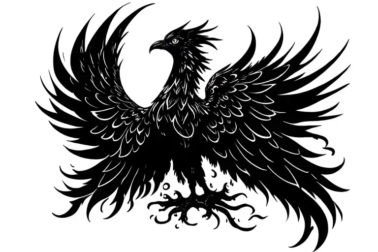 Soft minimalist blackwork tattoo for upper forearm (10-15cm vertical). Simple stylized phoenix rising from faint ashes,  tattoo design idea