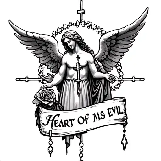 "Heart of man is evil" rosary angel and demont tattoo design idea