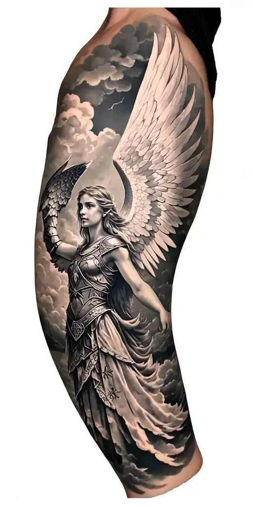Meaningful warrior angel, Norse Valkyrie, clouds, rays, floral patterns, Norse cross tattoo design idea