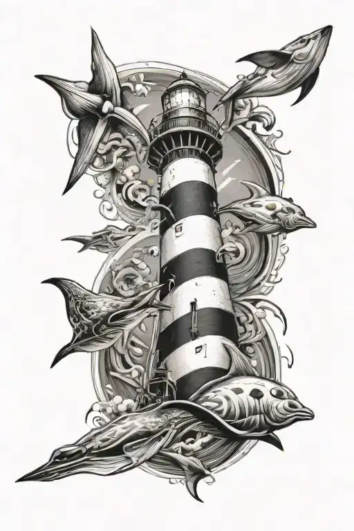 nautical leg sleeve tattoo featuring lighthouse, Cownose stingrays tattoo design idea