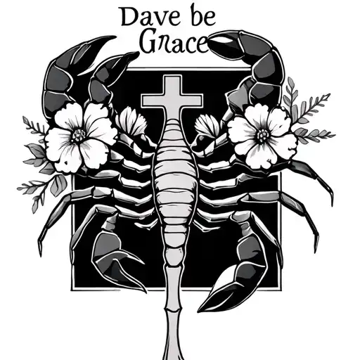 scorpion background, covered with flowers and a single line cross with the words Dave be Grace as the horizontal line  tattoo design idea