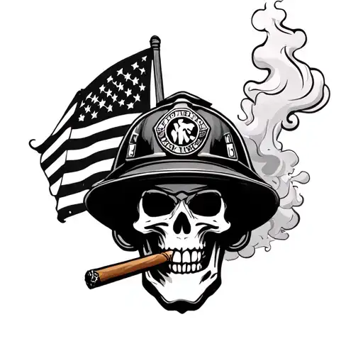 skull firefighter helmet smoking a cigar  surrounded by smoke and a rustic flag tattoo design idea