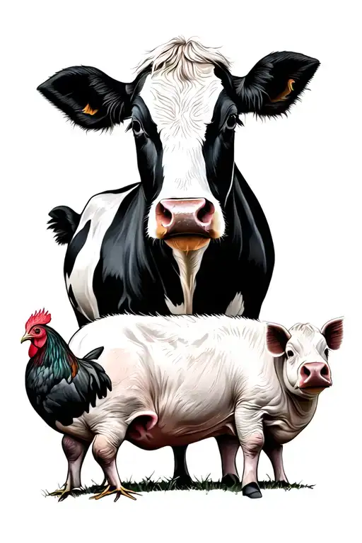 realistic farm scene with cow pig chicken tattoo design idea