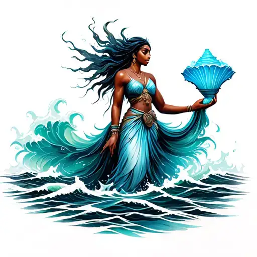 Imagine Yemaya rising from ocean waves, her flowing blue dress turning into foam, holding a conch shell that glows like  tattoo design idea