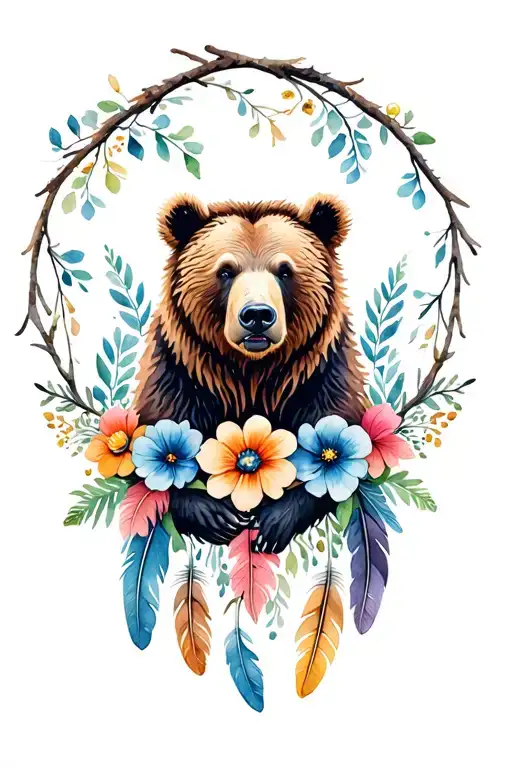 grizzly bear with flowers and feathers hanging tattoo design idea