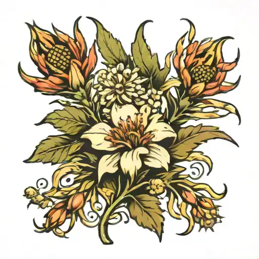 Johnstone shield thistle and kangaroo paw flower blooming tattoo design idea