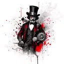 A Victorian gentleman with a cybernetic eye, wearing a top hat and holding a gear-powered cane, surrounded by steam clou tattoo design idea