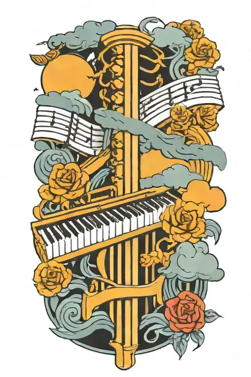 forearm sleeve of piano keyboard intertwined with music staff of 4 bars of music with clouds as filler tattoo design idea