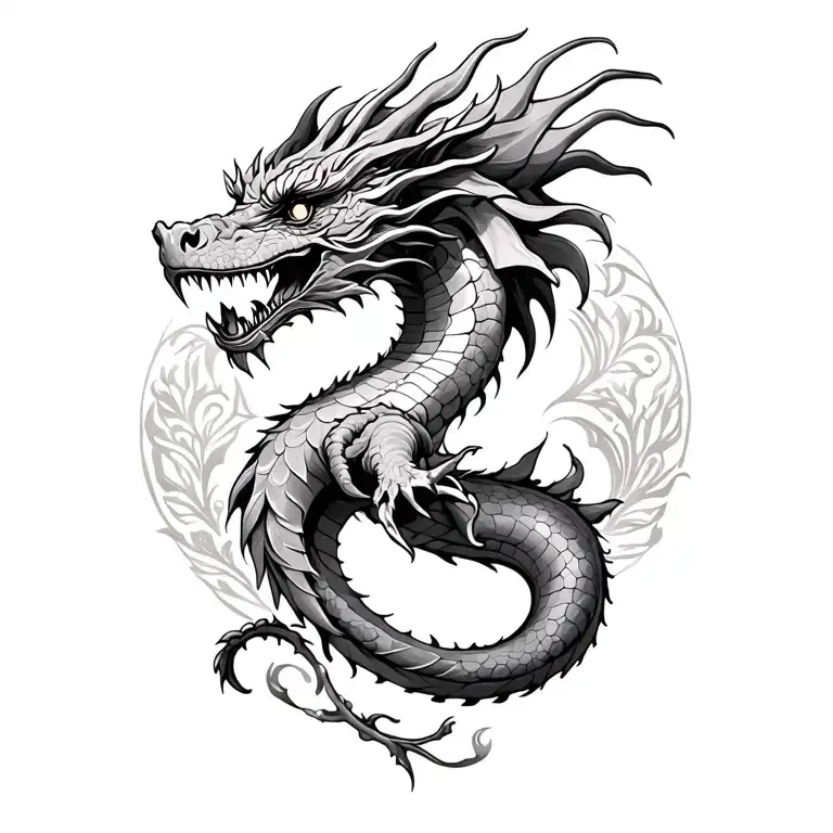 art nouveau, neo traditional, black and grey, stippling, dragon tattoo design idea
